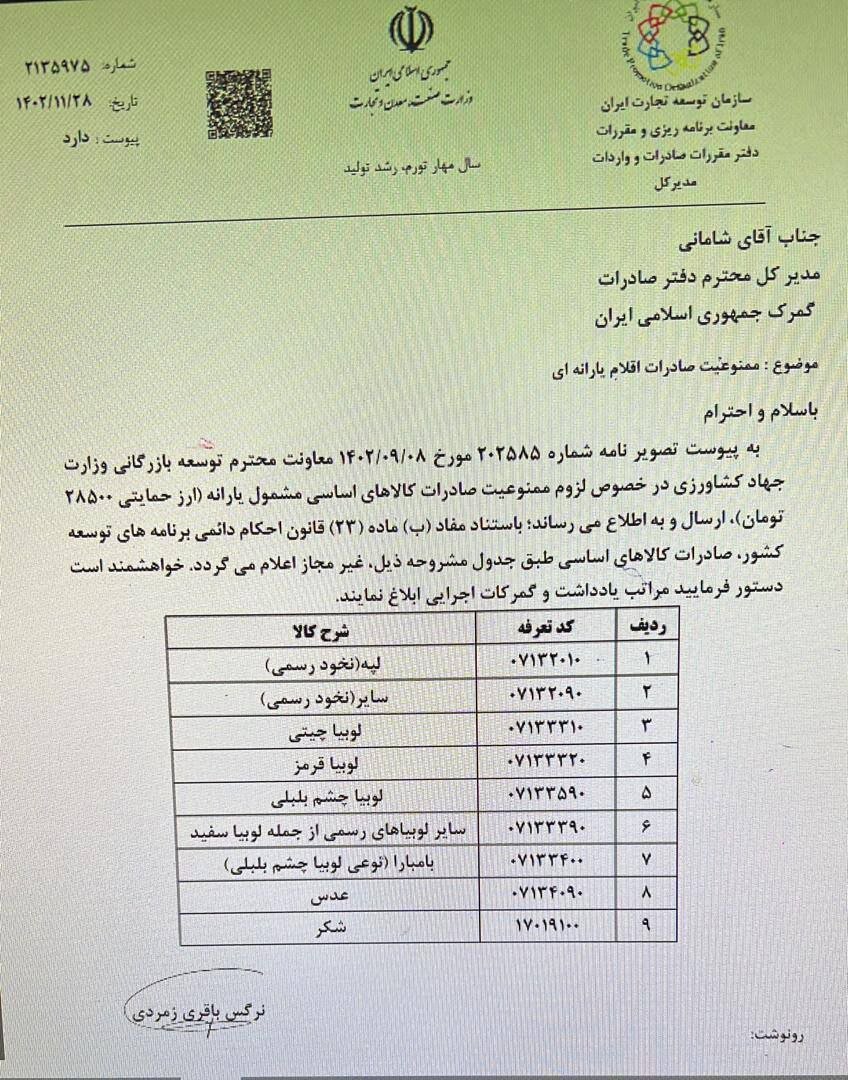 صادرات اقلام یارانه ای ممنوع شد